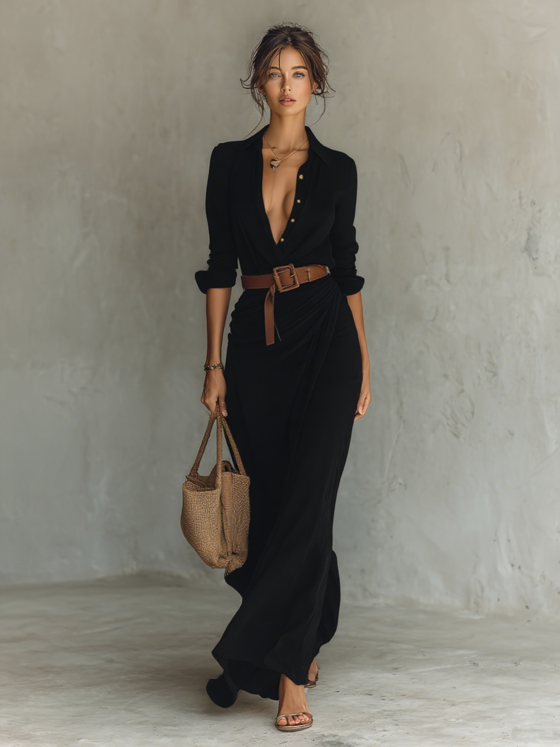 Abito Maxi Lungo con Collo Revers e Maniche Lunghe per Donna