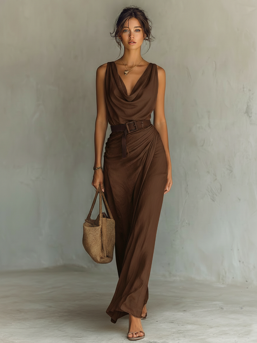 Abito maxi senza maniche con colletto drappeggiato minimalista per donne