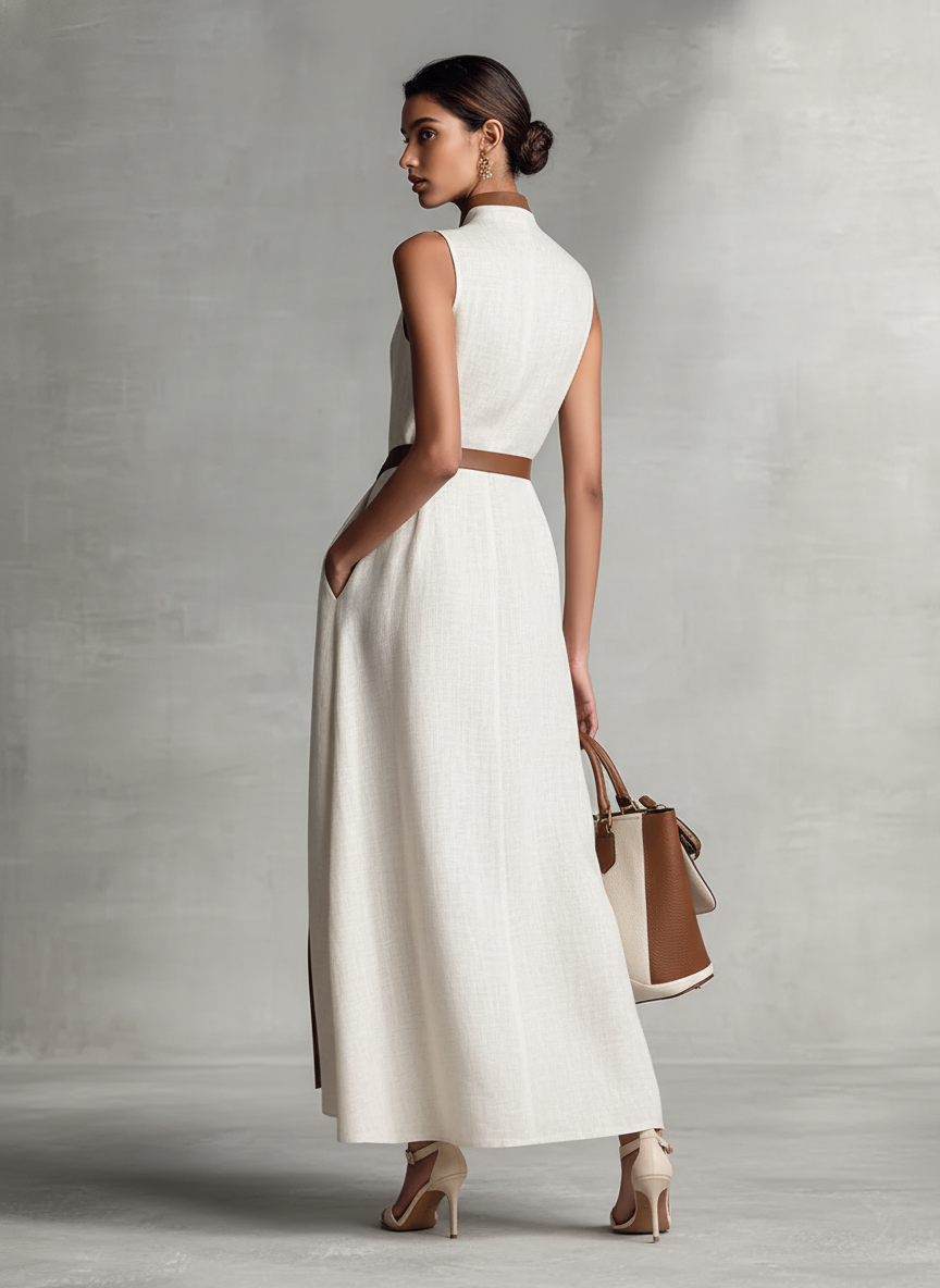 Abito Maxi in Cotone e Lino Senza Maniche con Scollatura a V e Cintura da Annodare per Donne