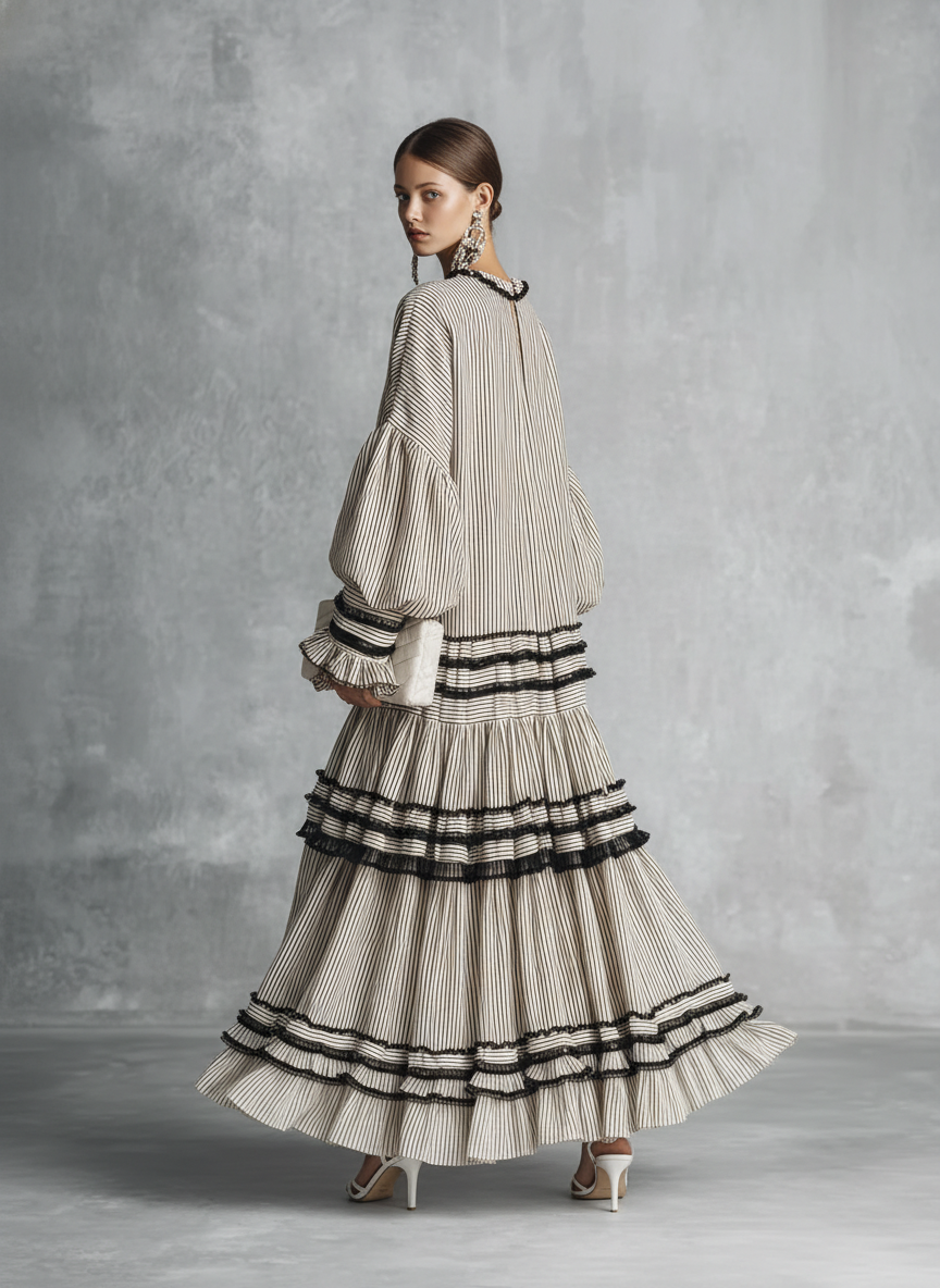 Abito maxi lungo a volant a righe bohemien per donna