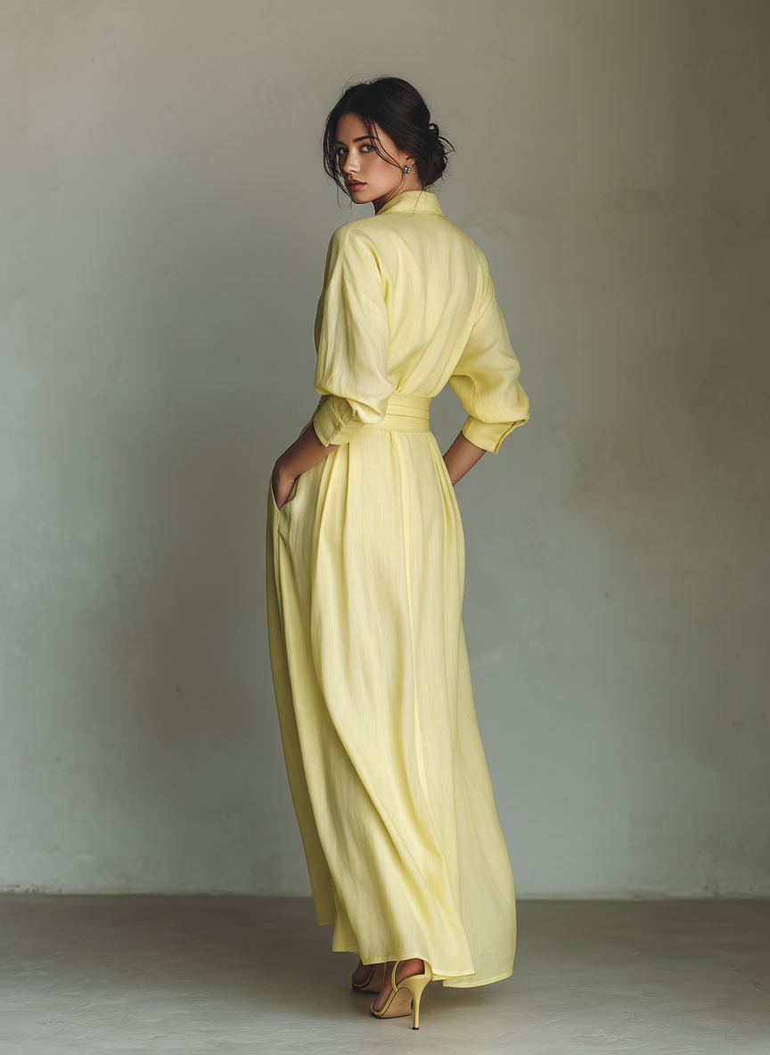 Abito Camicia Maxi Donna Giallo Limone In Cotone E Lino Con Cintura Da Annodare & Maniche A Tre Quarti