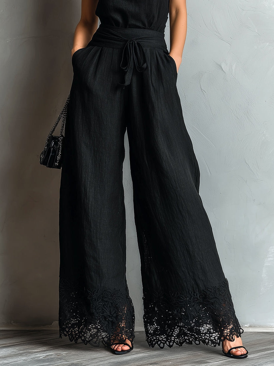 Alessia - Top Halter Neck in Cotone-lino Finto Nero con Pantaloni a Gamba Larga con Lacci e Pizzo