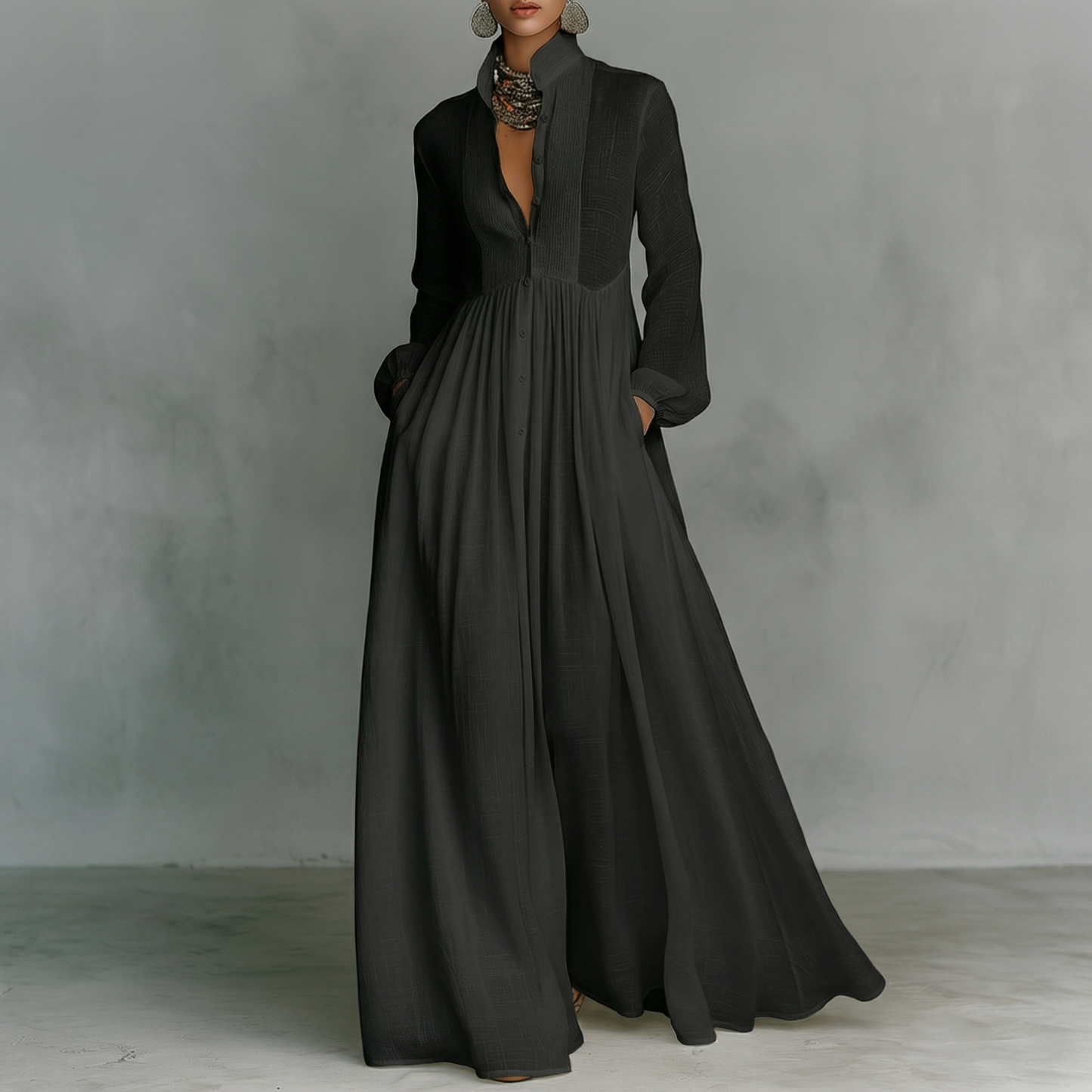 Maxi Minimalista in Cotone e Lino con Patchwork, Collo Alto e Maniche Lunghe