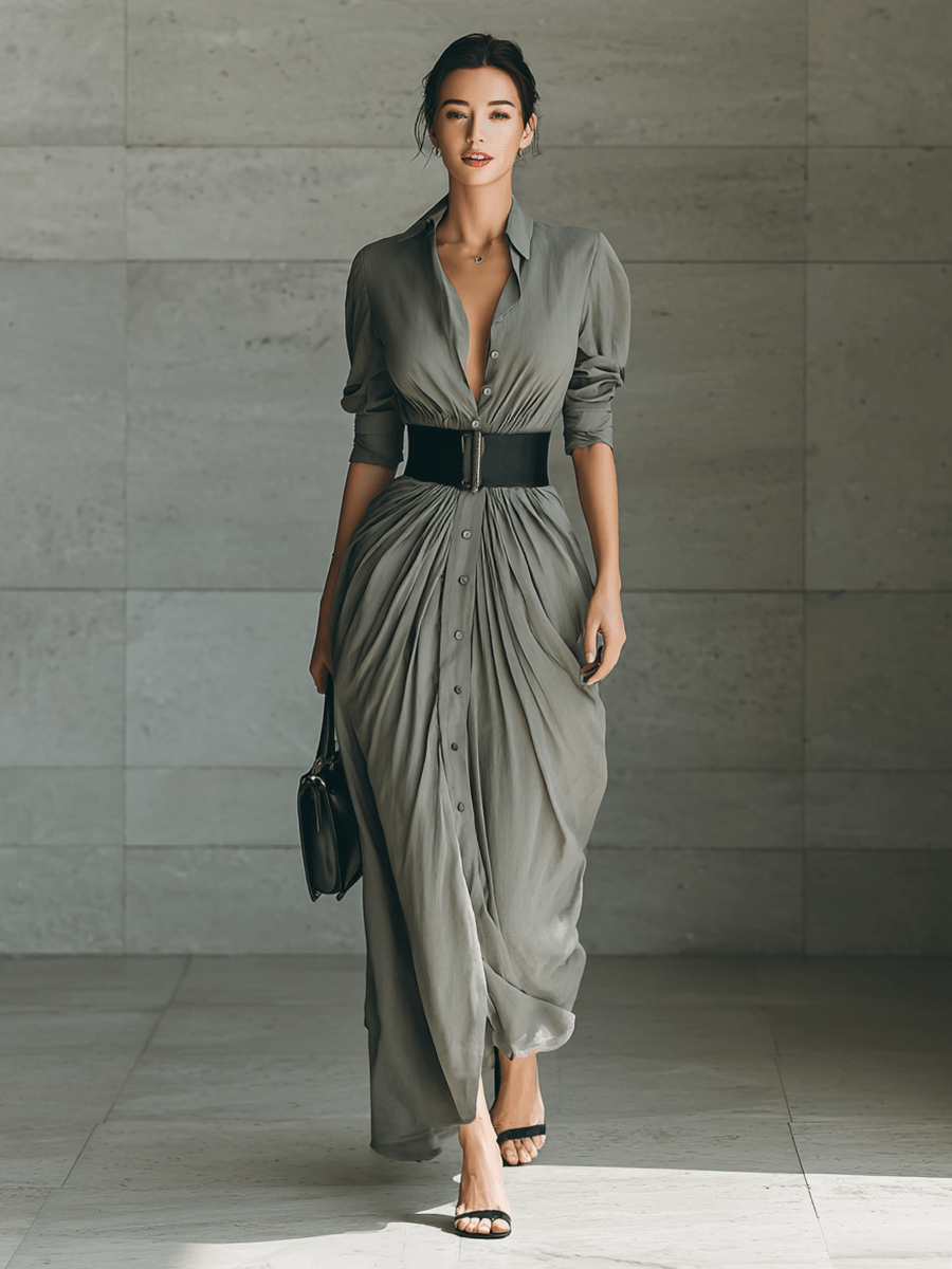 Sarah || Vestito lungo con colletto a risvolto e maniche lunghe