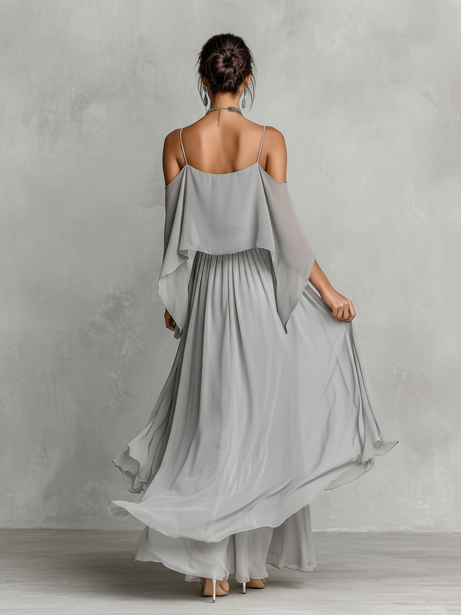 Completo in Chiffon Traspirante Grigio Donna con Dettaglio Spalle Scoperte & Silhouette Svasata, Stile Contemporaneo Lusso-Femminile