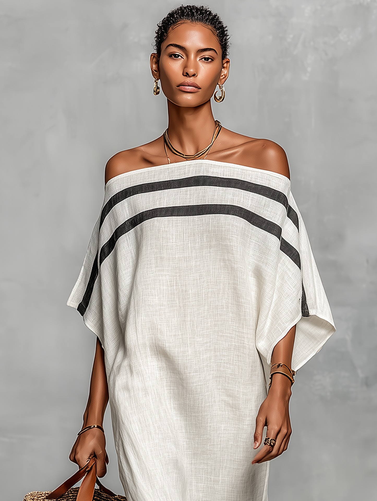 Maxi Abito Minimalista in Lino per Donna con Scollo Off-the-Shoulder e Maniche a Campana