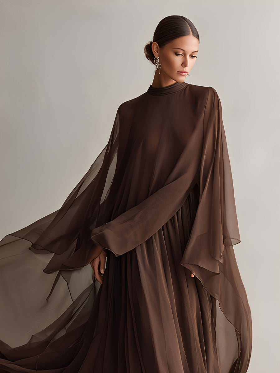 Abito in Chiffon Marrone Ricco per Donne con Silhouette Maxi Fluttuante e Design a Mantella, Stile Elegante e Glamour Moderno