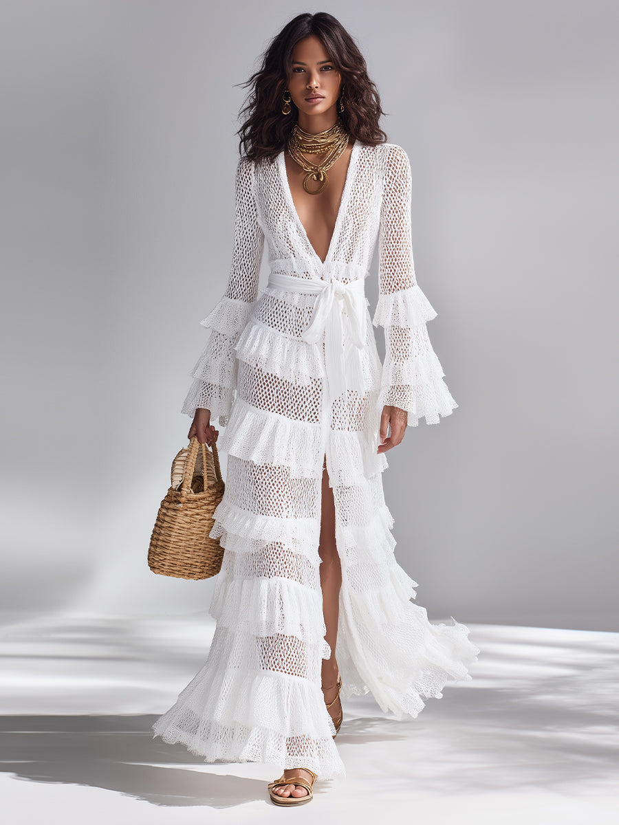 Cardigan all'Uncinetto Bianco Brillante per Donne con Scollatura a V Profondo e Volant Sovrapposti, Stile Bohemien-Chic Senza Tempo