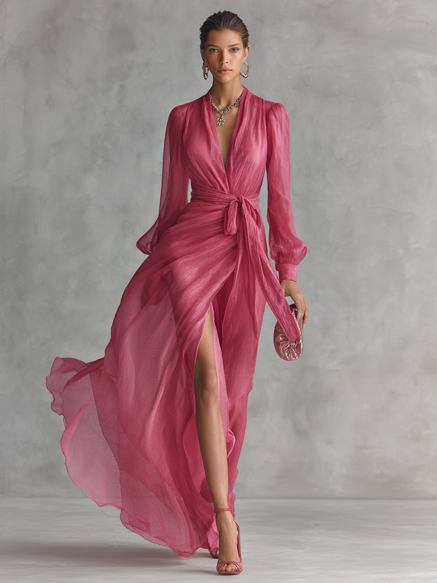 Elegante abito lungo in chiffon rosa con perle e scollo a V per donna
