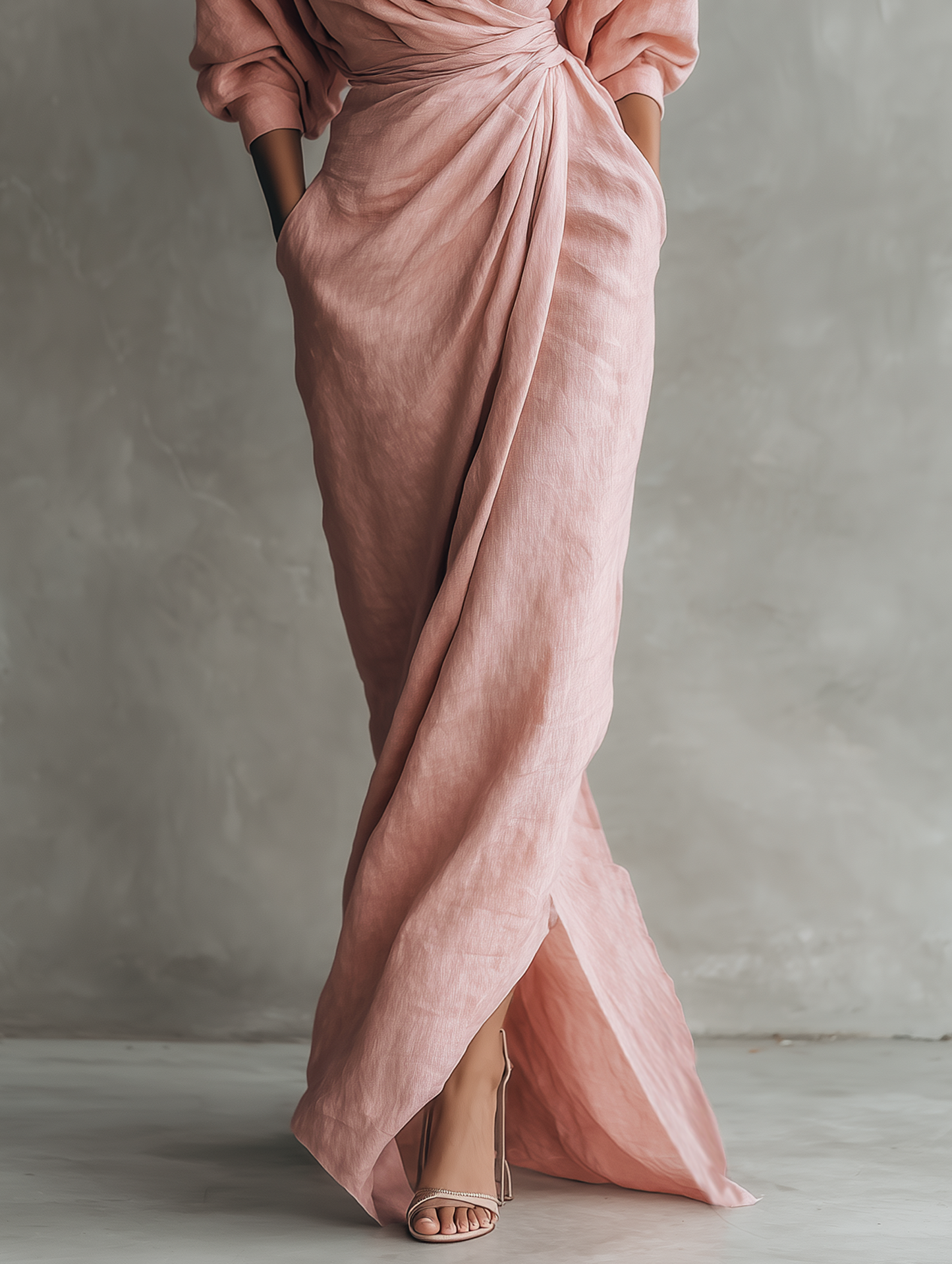 Abito Maxi Minimalista con Scollatura a V in Mistura di Lino Rosa per Donne