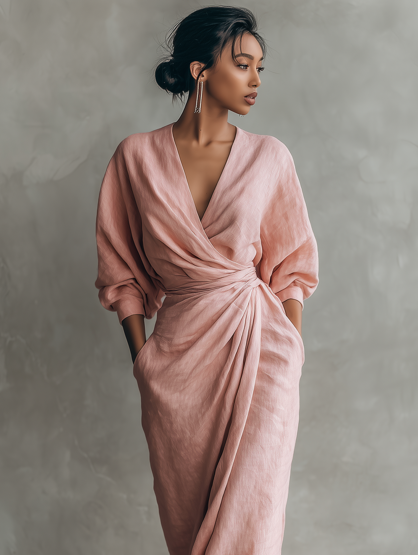 Abito Maxi Minimalista con Scollatura a V in Mistura di Lino Rosa per Donne