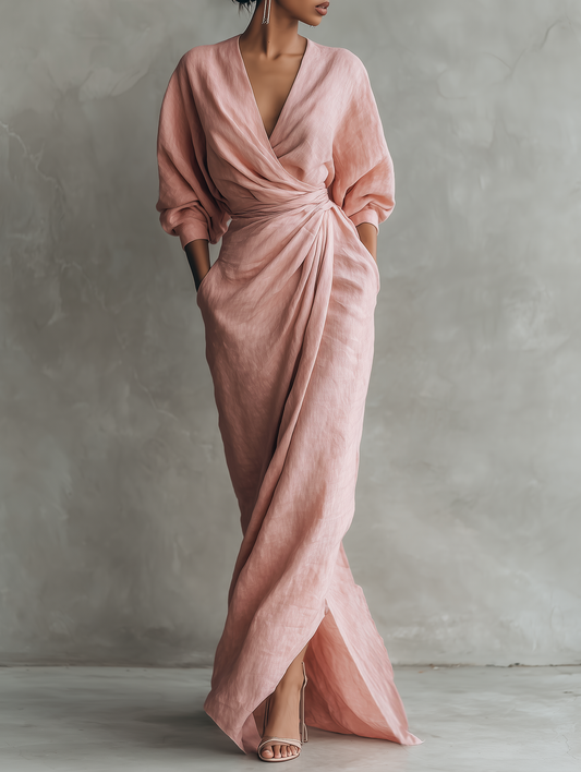 Abito Maxi Minimalista Rosa da Donna in Mistura di Lino
