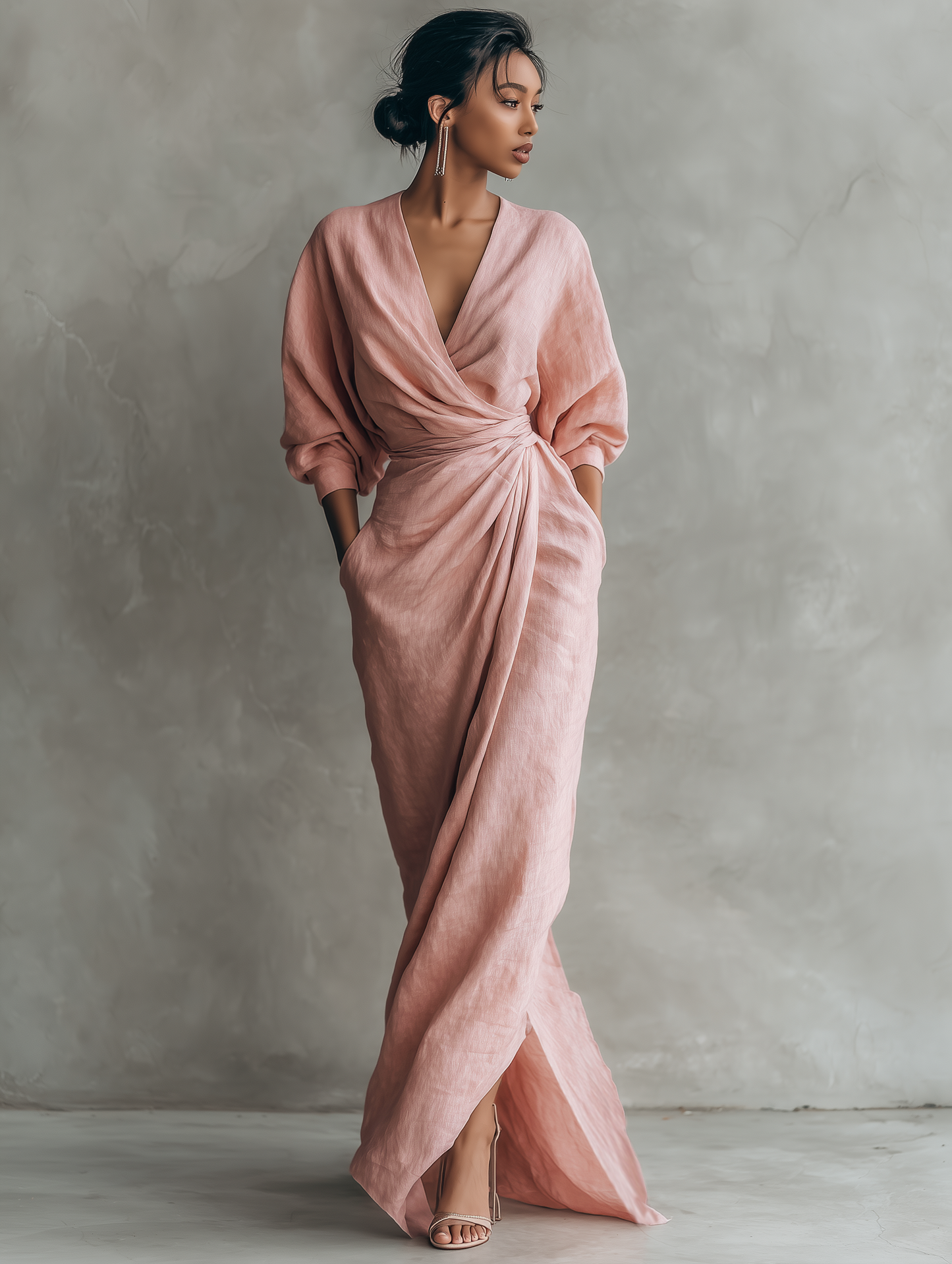 Abito Maxi Minimalista Rosa da Donna in Mistura di Lino