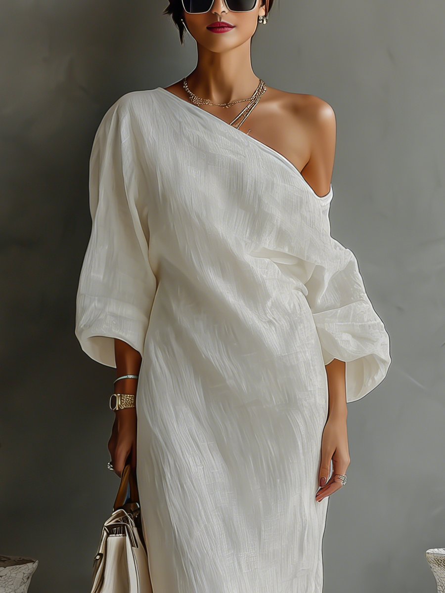 Abito Elegante Fluttuante in Cotone-Lino Bianco Avorio con Spalla Scoperta da Donna