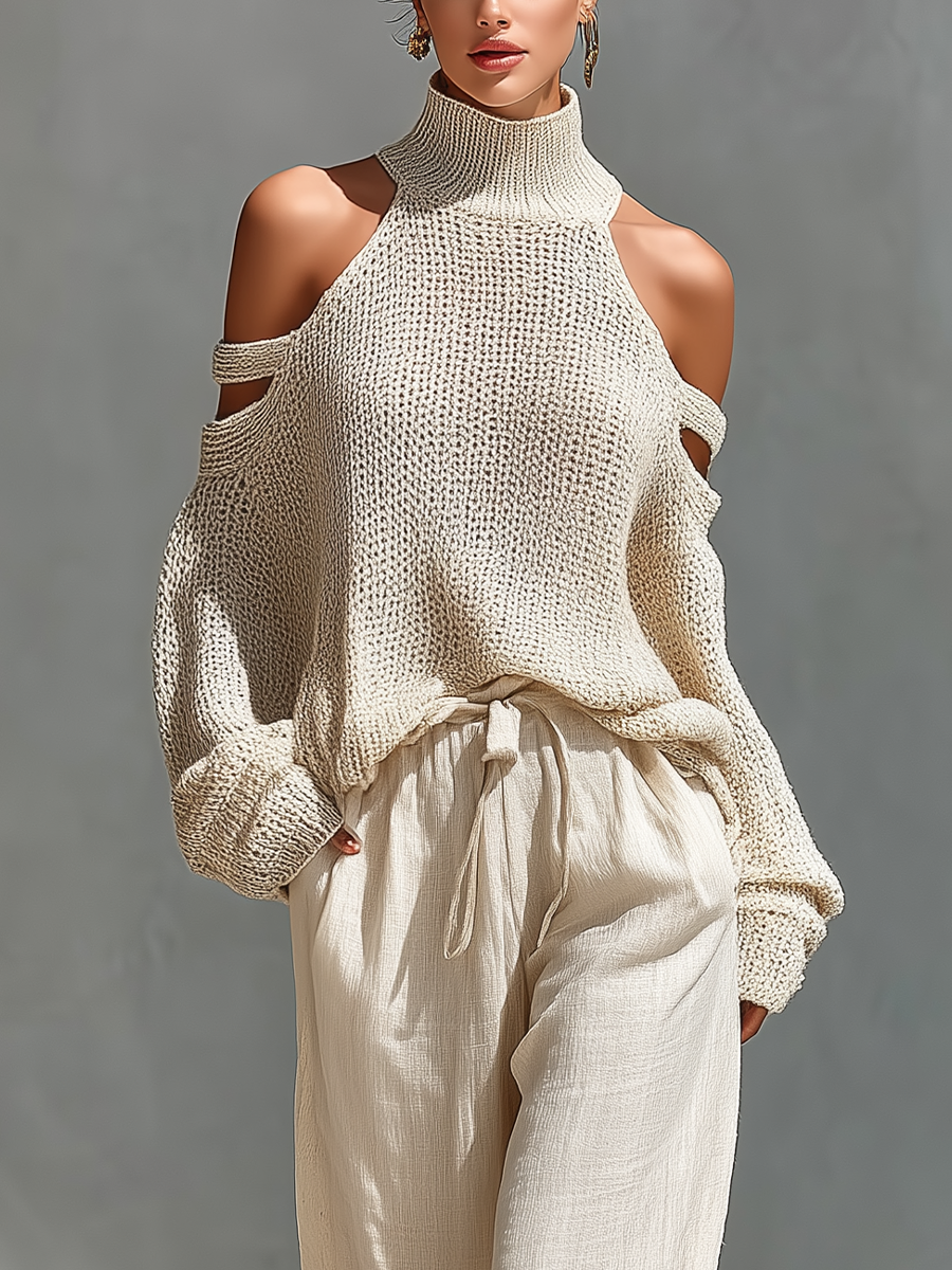 Completo Top Collo Alto con Spalle Scoperte in Maglia Beige per Donne & Pantaloni a Gamba Larga