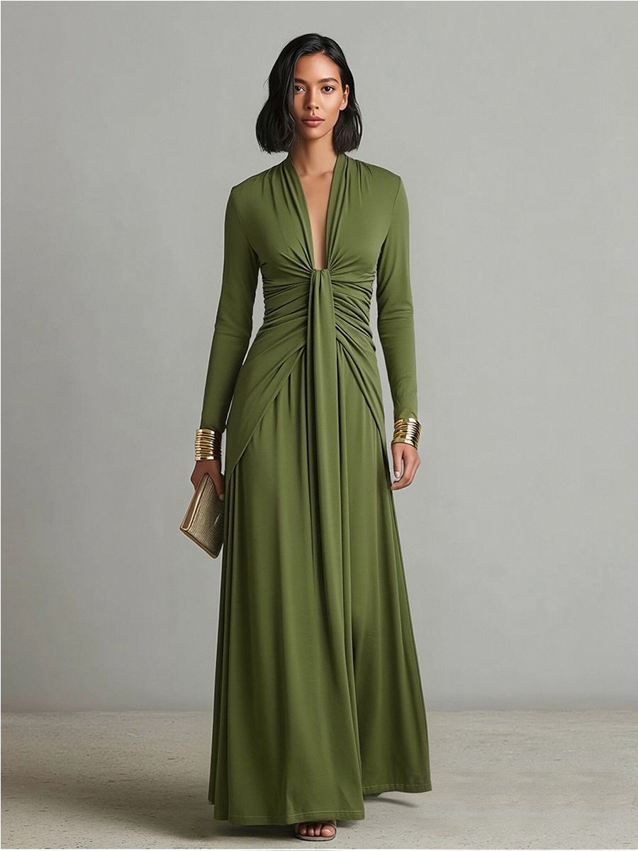 Abito Lungo Verde Oliva in Seta Stretch con Profondo Scollo a V e Dettagli Arricciati, Abito Maxi Glamour