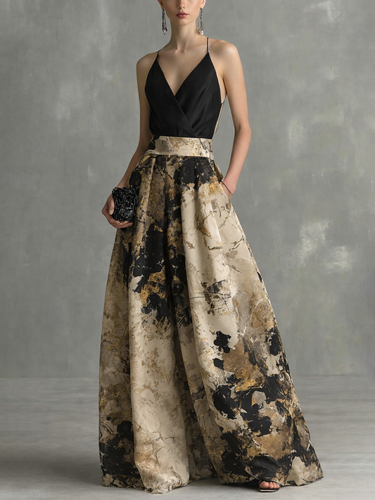 Abito Maxi Elegante Donna Nero e Beige Stampa Astratta Scollo a V con Spalline