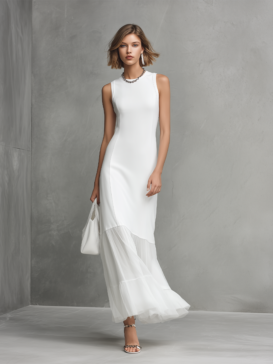 Elegante abito bianco senza maniche per donne in seta di latte e pannelli in chiffon