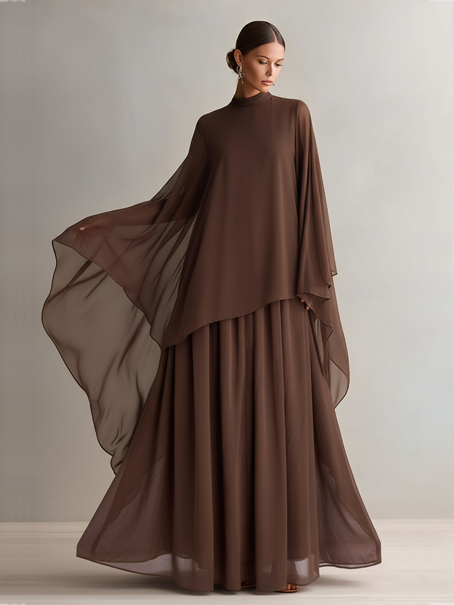 Abito in Chiffon Marrone Ricco per Donne con Silhouette Maxi Fluttuante e Design a Mantella, Stile Elegante e Glamour Moderno