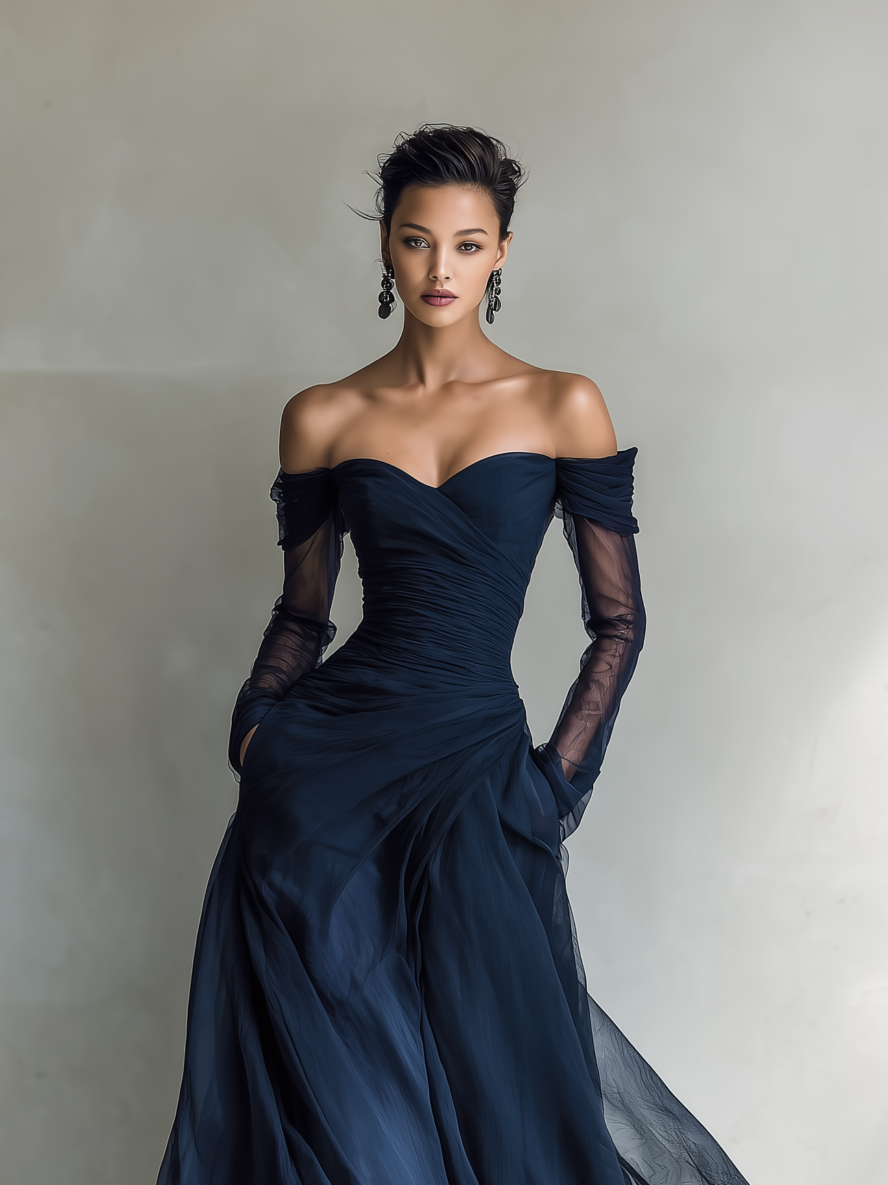 Abito Maxi Elegante in Chiffon Organza Blu Scuro con Maniche Lunghe e Spalle Scoperte per Donne