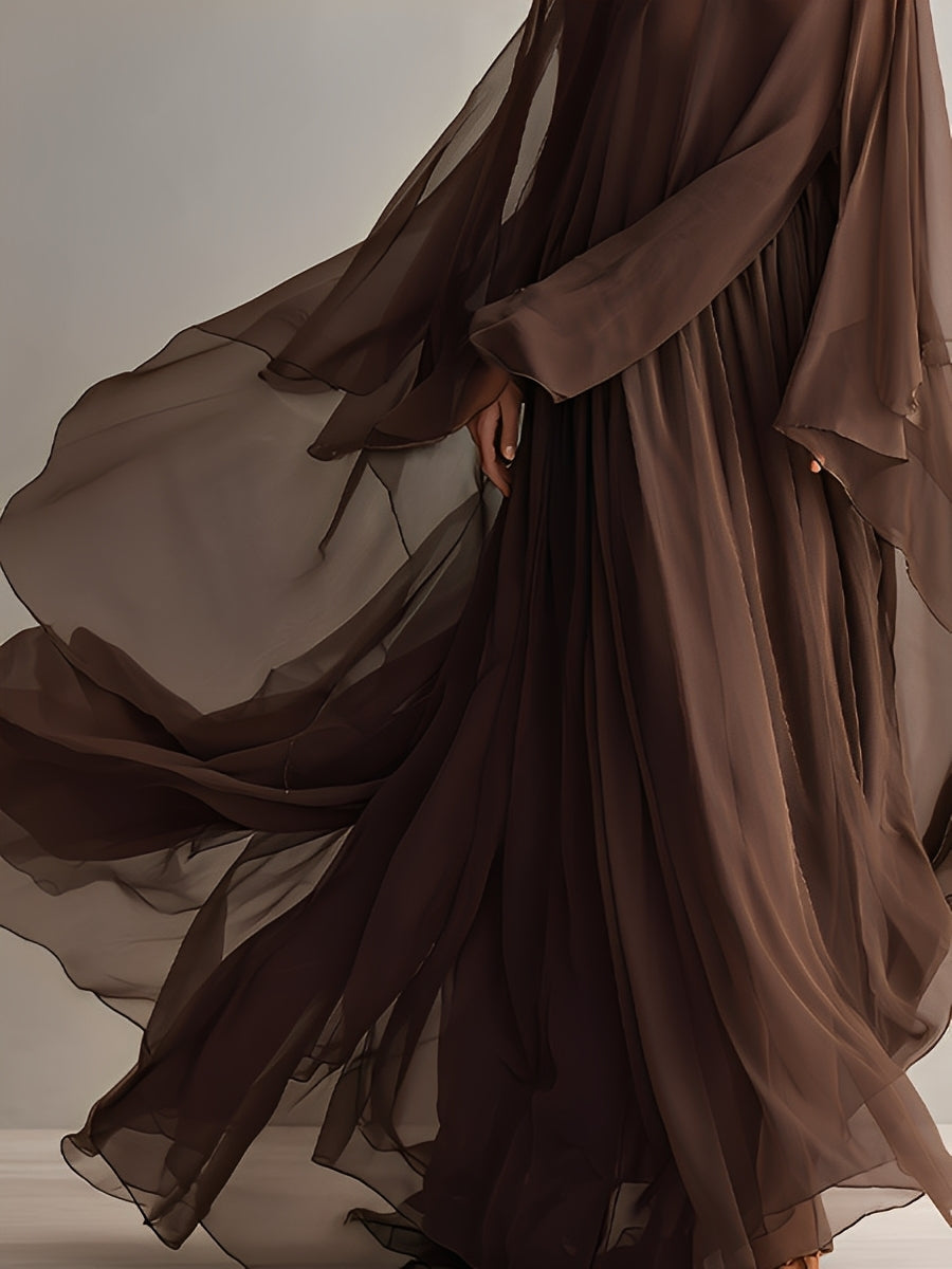 Abito in Chiffon Marrone Ricco per Donne con Silhouette Maxi Fluttuante e Design a Mantella, Stile Elegante e Glamour Moderno