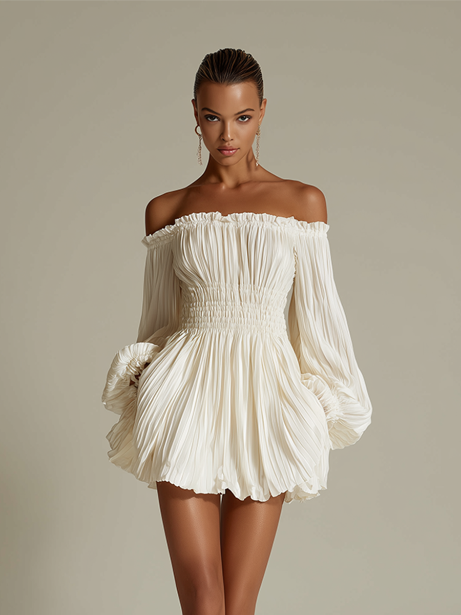 Abito Plissettato Avorio per Donna con Scollatura Bardot e Vita Arricciata, Abito Elegante Sexy Senza Tempo
