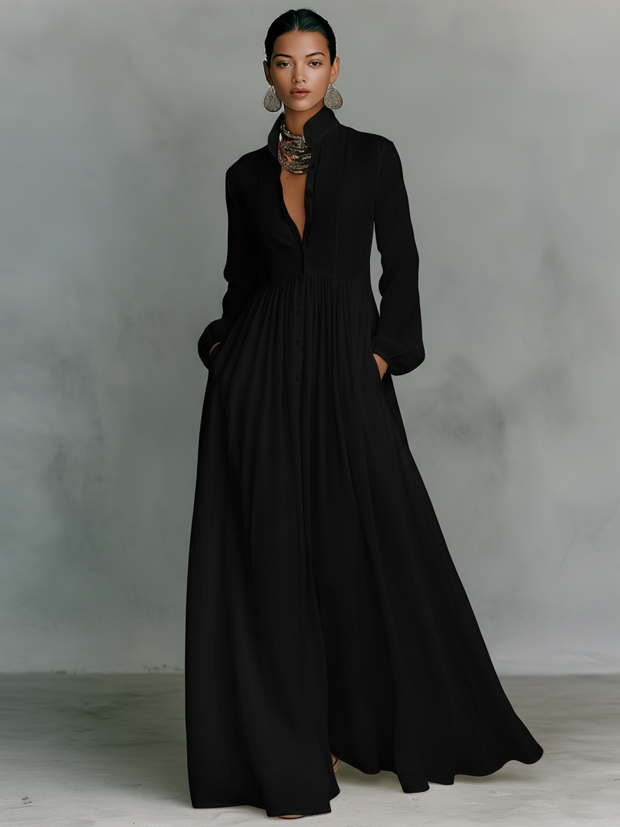 Abito Maxi Minimalista in Cotone e Lino con Patchwork, Collo Alto e Maniche Lunghe