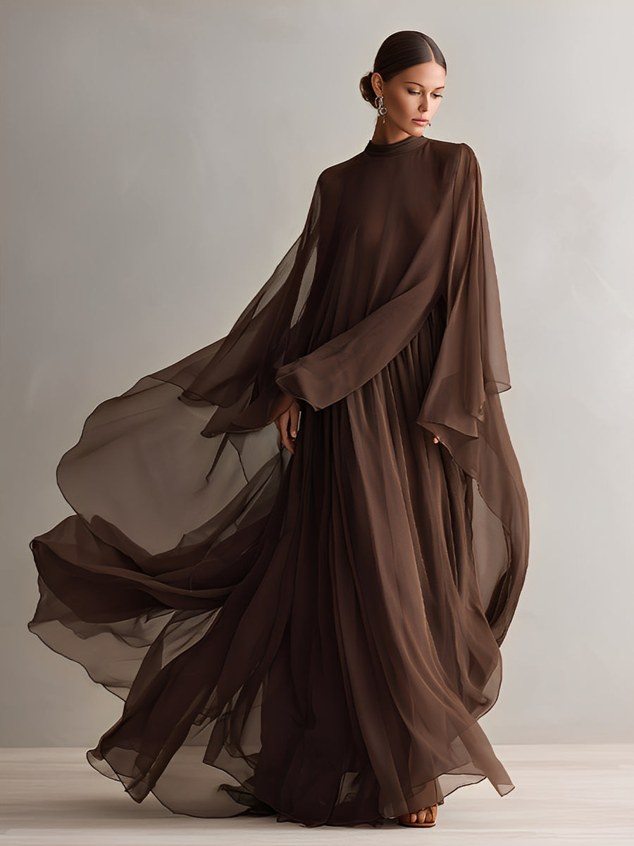 Abito in Chiffon Marrone Ricco per Donne con Silhouette Maxi Fluttuante e Design a Mantella, Stile Elegante e Glamour Moderno