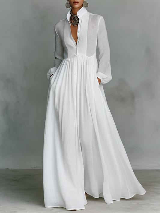 Abito Maxi Minimalista in Cotone e Lino con Patchwork, Collo Alzato e Maniche Lunghe