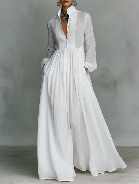 Maxi Minimalista in Cotone e Lino con Patchwork, Collo Alto e Maniche Lunghe