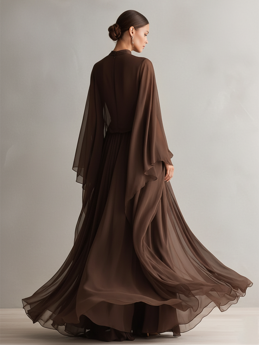 Abito in Chiffon Marrone Ricco per Donne con Silhouette Maxi Fluttuante e Design a Mantella, Stile Elegante e Glamour Moderno
