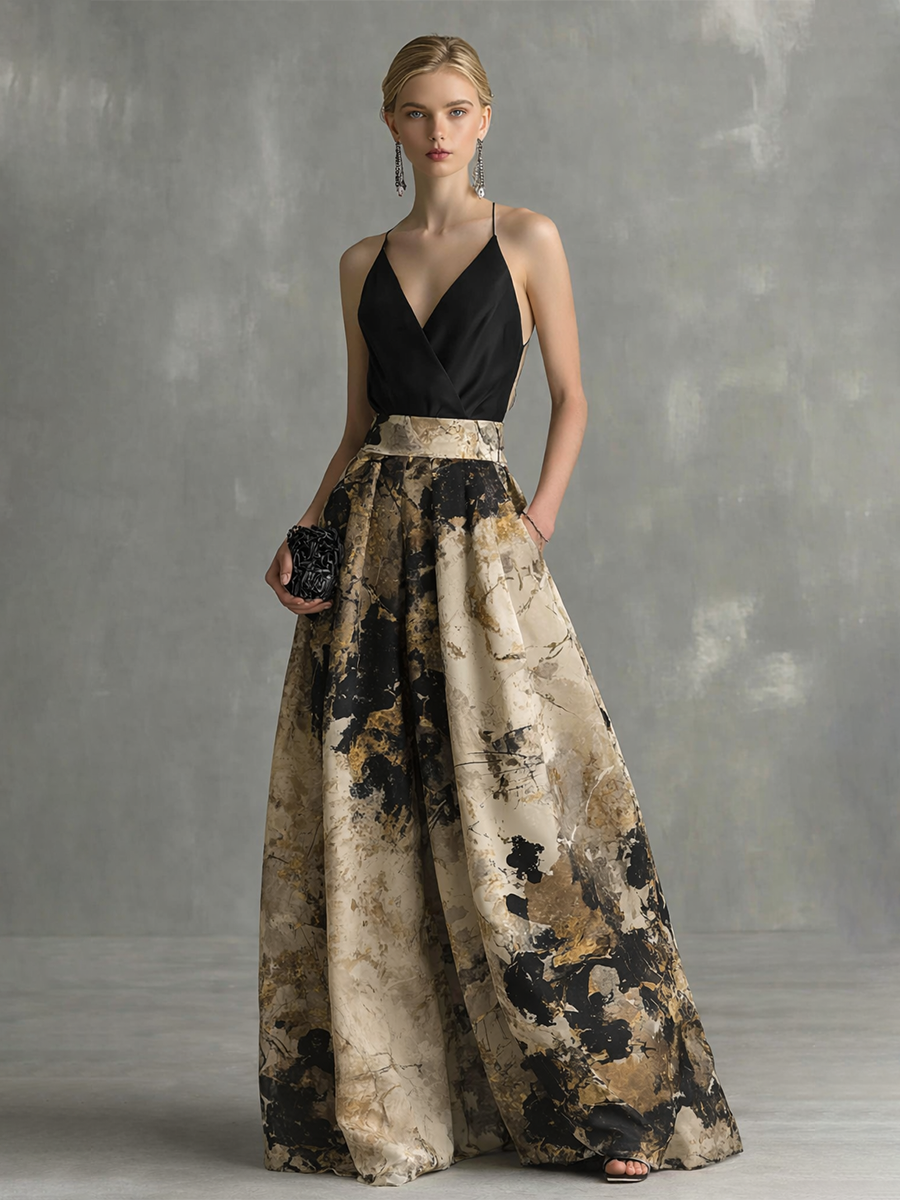Abito Maxi Elegante Donna Nero e Beige Stampa Astratta Scollo a V con Spalline