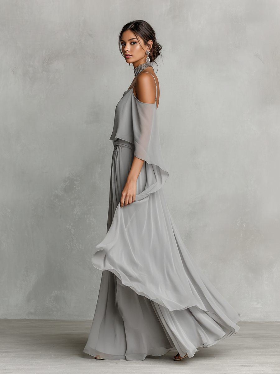 Completo in Chiffon Traspirante Grigio Donna con Dettaglio Spalle Scoperte & Silhouette Svasata, Stile Contemporaneo Lusso-Femminile