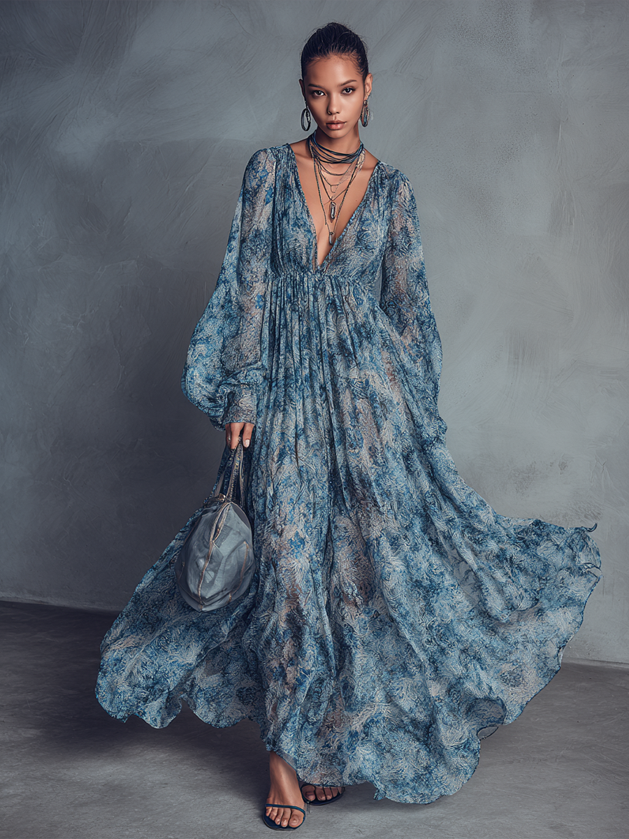 Abito maxi in chiffon con stampa floreale blu in stile bohemien per donna con scollo a V e maniche a lanterna