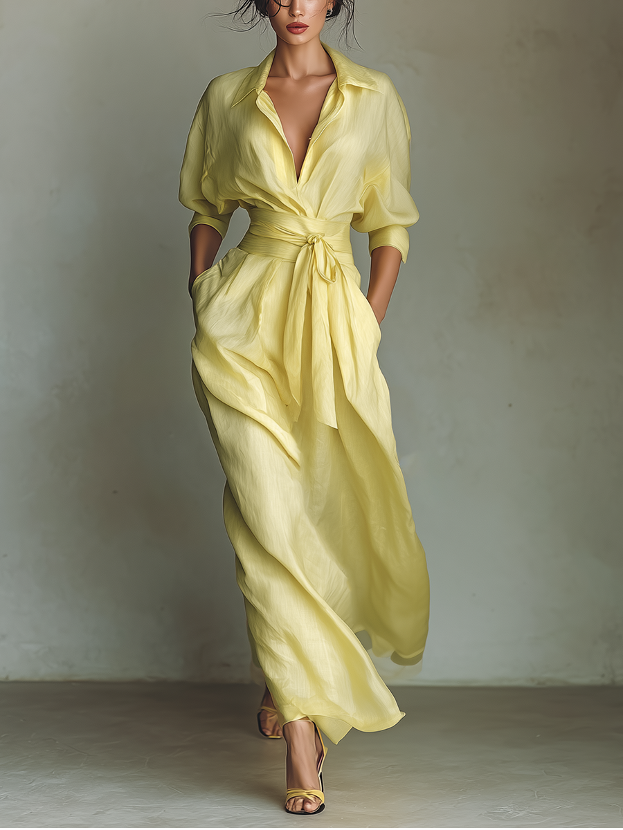 Abito Camicia Maxi Donna Giallo Limone In Cotone E Lino Con Cintura Da Annodare & Maniche A Tre Quarti