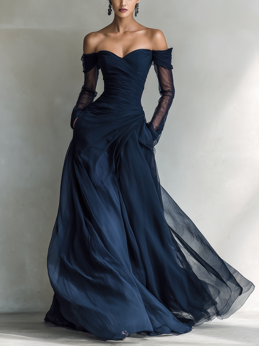 Abito Maxi Elegante in Chiffon Organza Blu Scuro con Maniche Lunghe e Spalle Scoperte per Donne