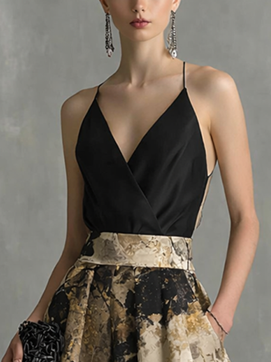 Abito Maxi Elegante Donna Nero e Beige Stampa Astratta Scollo a V con Spalline