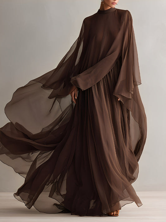 Abito in Chiffon Marrone Ricco per Donne con Silhouette Maxi Fluttuante e Design a Mantella, Stile Elegante e Glamour Moderno