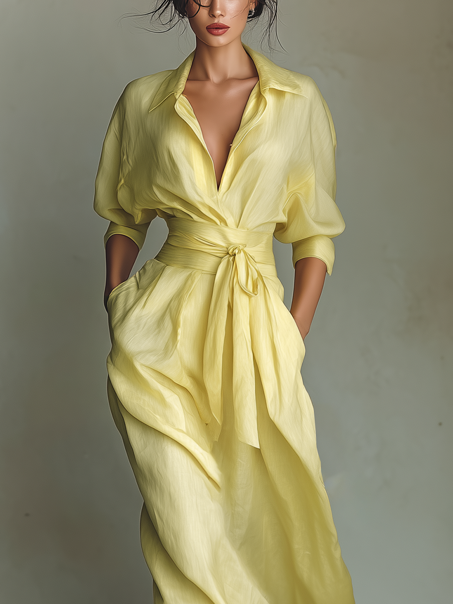 Abito Camicia Maxi Donna Giallo Limone In Cotone E Lino Con Cintura Da Annodare & Maniche A Tre Quarti
