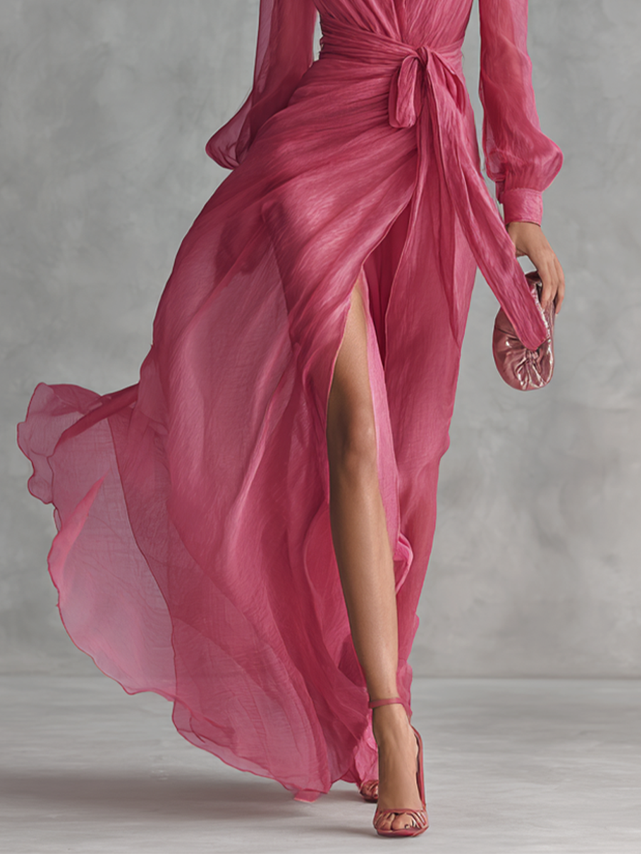 Robe Longue Élégante Femme en Chiffon Rosa Poudré con Perle, Décolleté a V e Vita Legata