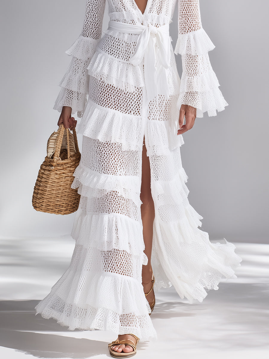 Cardigan all'Uncinetto Bianco Brillante per Donne con Scollatura a V Profondo e Volant Sovrapposti, Stile Bohemien-Chic Senza Tempo