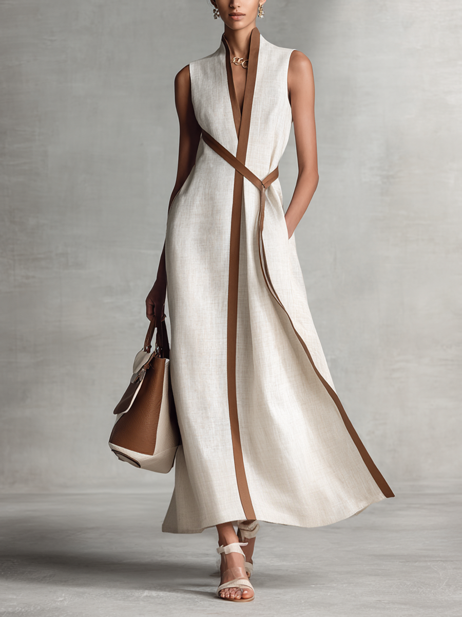 Abito Maxi in Cotone e Lino Senza Maniche con Scollatura a V e Cintura da Annodare per Donne