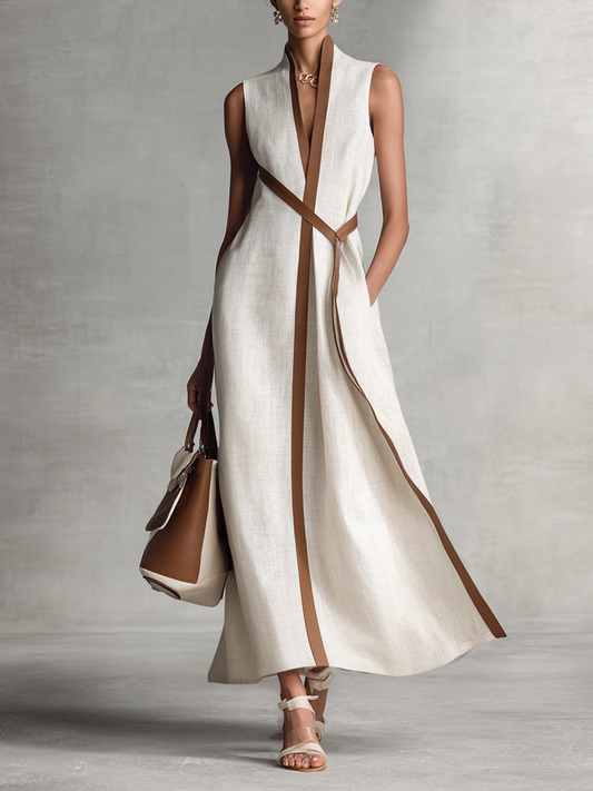 Abito Maxi in Cotone e Lino Senza Maniche con Scollatura a V e Cintura da Annodare per Donne