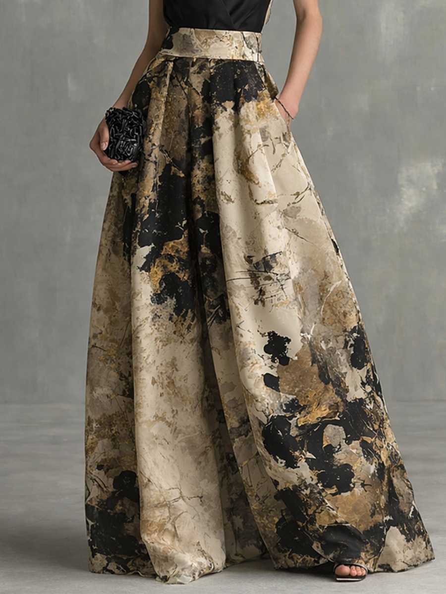 Abito Maxi Elegante Donna Nero e Beige Stampa Astratta Scollo a V con Spalline