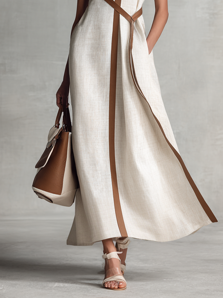 Abito Maxi in Cotone e Lino Senza Maniche con Scollatura a V e Cintura da Annodare per Donne