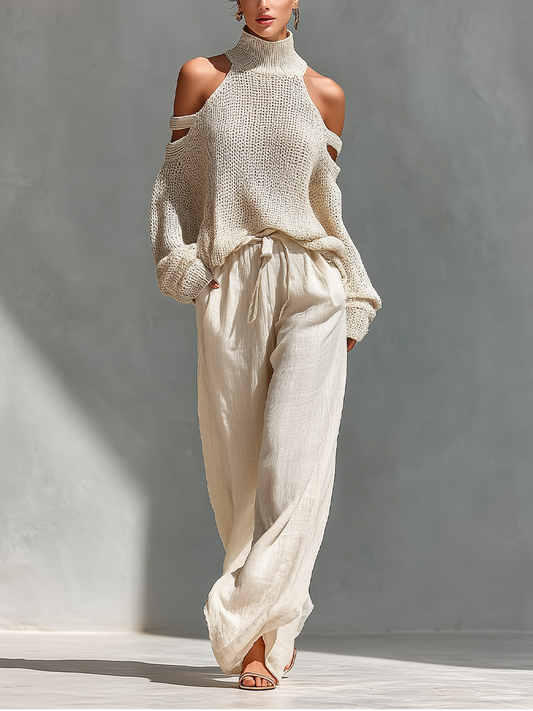 Completo Top Collo Alto con Spalle Scoperte in Maglia Beige per Donne & Pantaloni a Gamba Larga