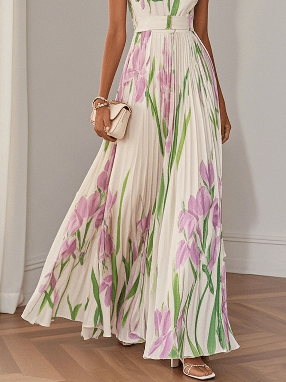 Robe Maxi A-Line Senza Maniche con Collo Quadrato in Chiffon Floreale Plissettato Bianco