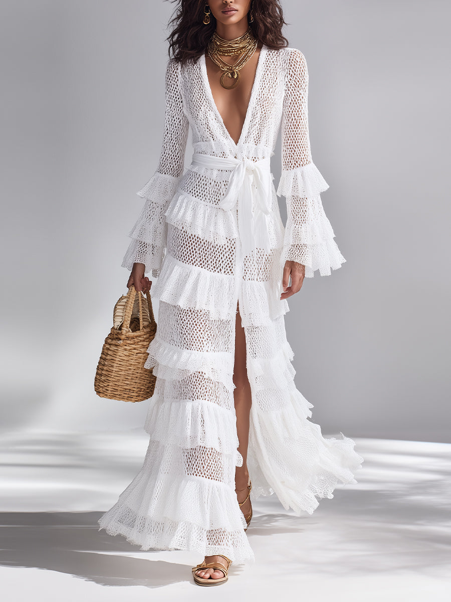 Cardigan all'Uncinetto Bianco Brillante per Donne con Scollatura a V Profondo e Volant Sovrapposti, Stile Bohemien-Chic Senza Tempo