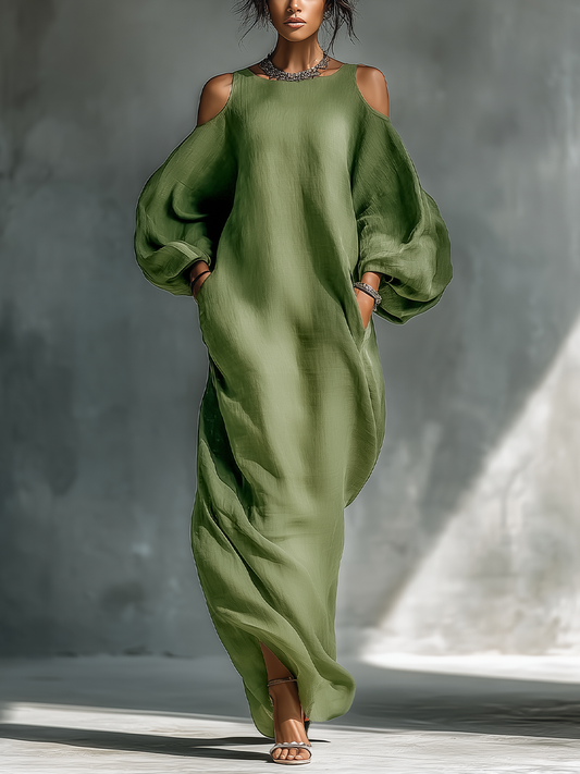 Abito maxi donna verde chiaro con spalle scoperte, maniche a sbuffo oversize e tasche laterali