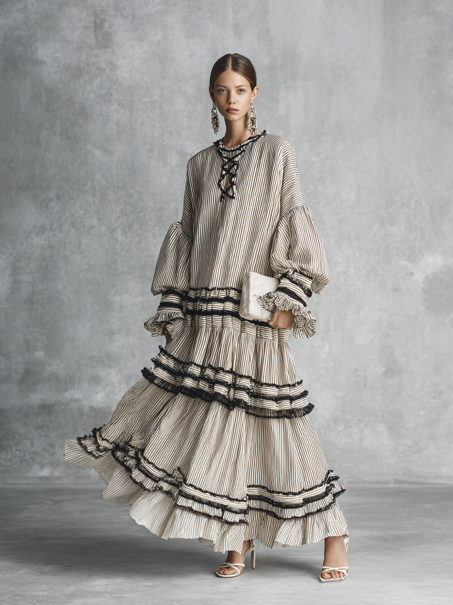 Abito maxi lungo a volant a righe bohemien per donna